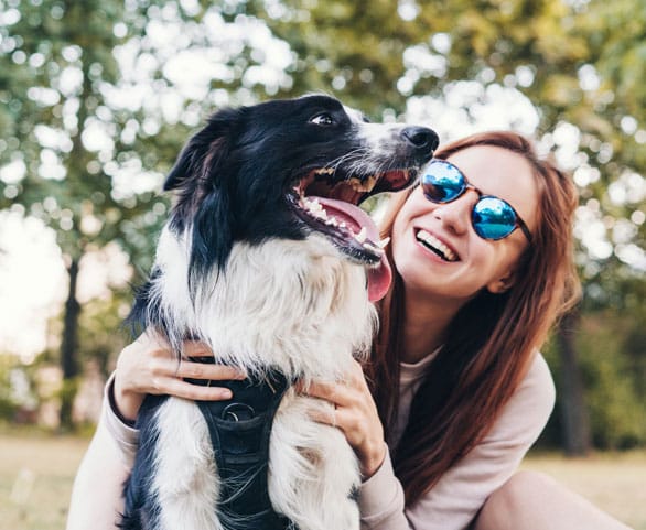 Smiling woman hugging a happy dog